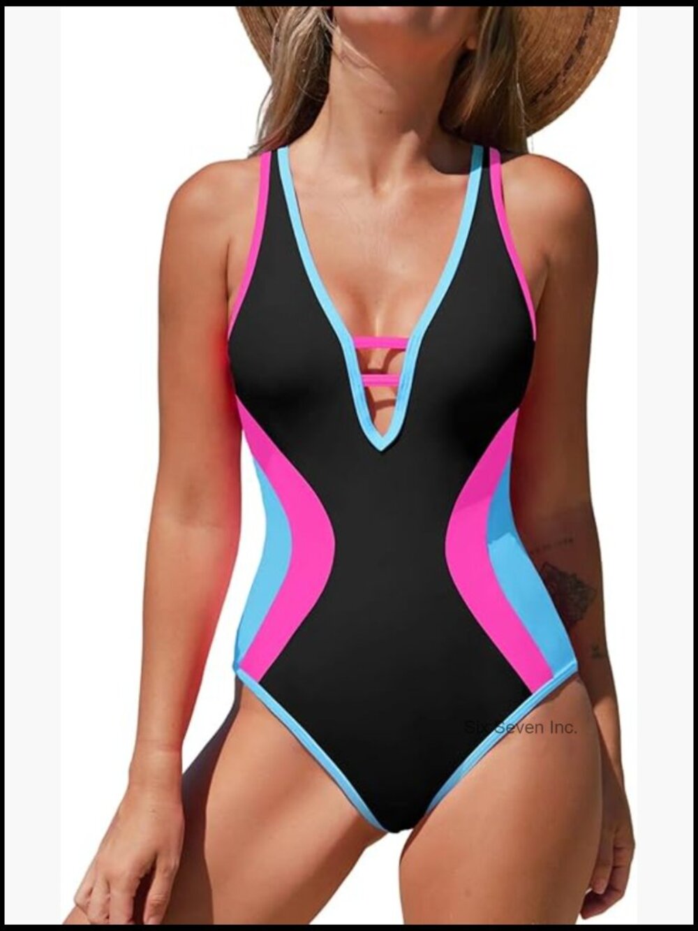 One Piece Swimsuit Deep V Neck Neon Color Block Slimming Adjustable Swimwear
